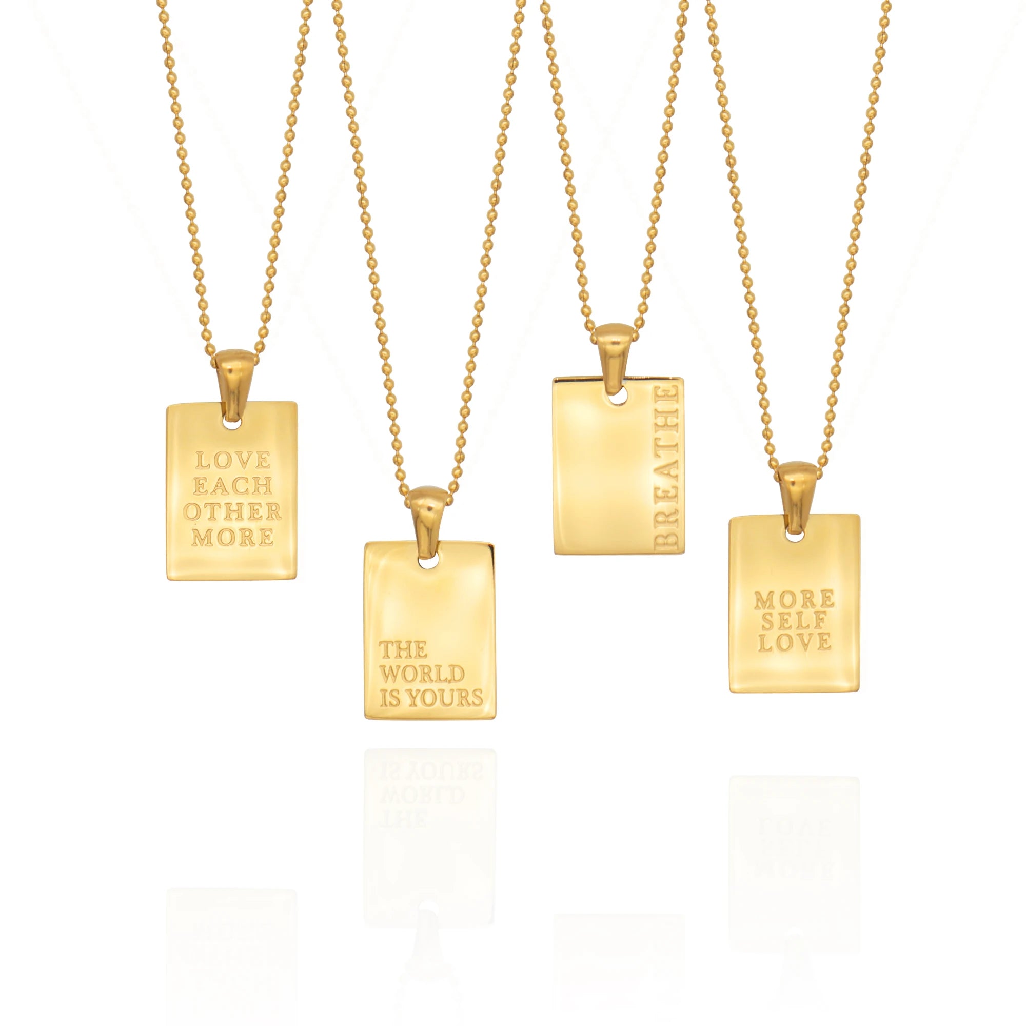 Chris April 316L Stainless Steel Proverbs English Square Card Vintage Style PVD Gold Plated Beads Chain Pendant Necklace