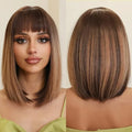 Ombre Chestnut Brown Short Bob Wig With Bangs Synthetic Straight Cosplay Daily Hair Wigs for Black Women Heat Resistant Fibre