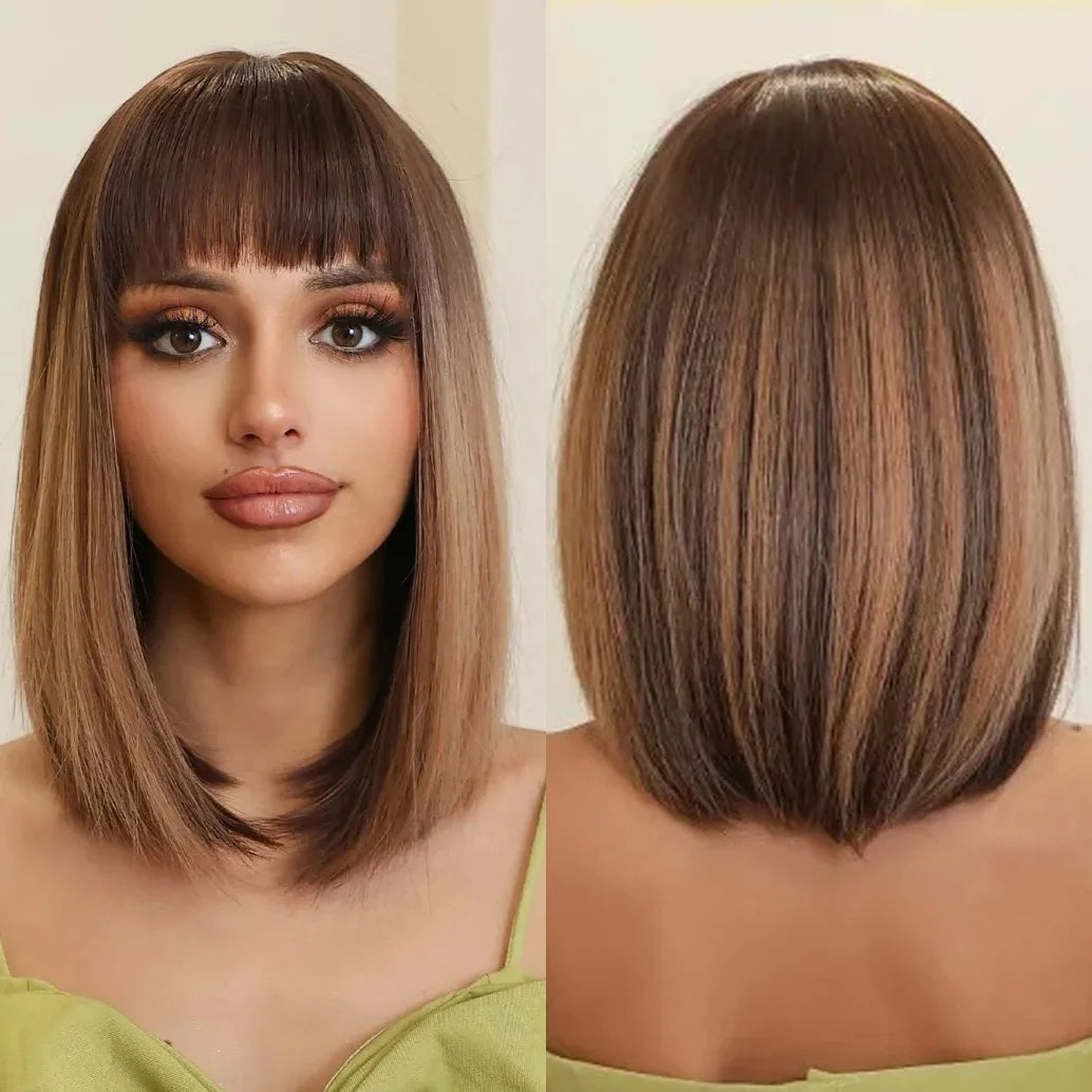 Ombre Chestnut Brown Short Bob Wig With Bangs Synthetic Straight Cosplay Daily Hair Wigs for Black Women Heat Resistant Fibre