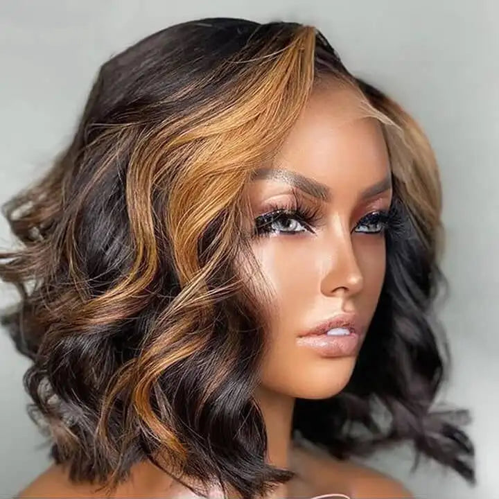 HD Lace Front Wig Small Cap Size Shoulder-Length Body Wave Bob with Piano Color Curly Bob Black Women's Long Human Hair Wigs