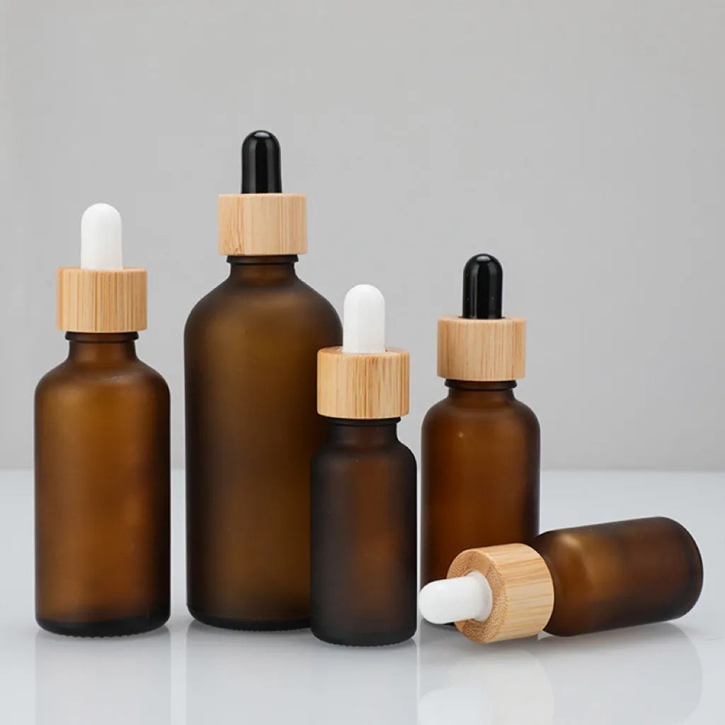 Skincare Packaging Set with 5ml to 100ml Glass Dropper Bottles Round and Flat Bamboo Dropper Bottle for Hair Serum Oil