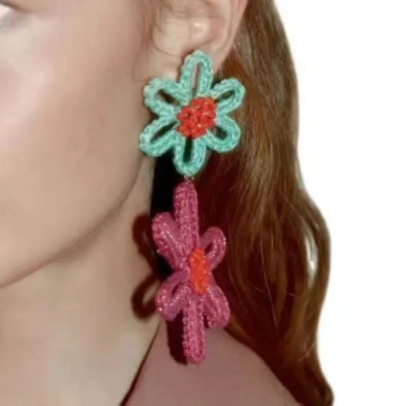 Kaimei Fashion Jewelry Hand-woven Flower Earrings for Woman Holiday Exaggerated Cotton Rope Woven Big Flower Handmade Earrings