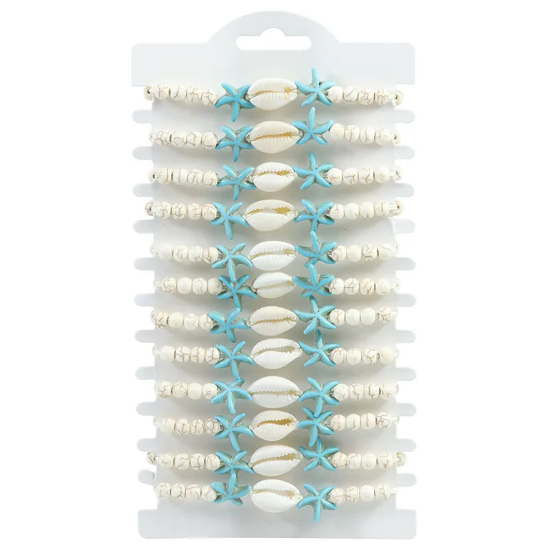 12pcs Pack Summer Ocean Beach Jewelry Adjustable Braided Rope Natural Shell Charm Beaded Bracelet Blue Starfish Shell Bracelet
