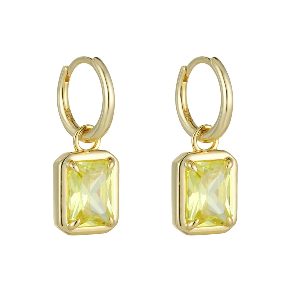 Luxury Fashion Jewelry Earrings 925 Sterling Silver Gold Plated Vintage Yellow Square Cubic Zirconia Pendant Hoop Earrings