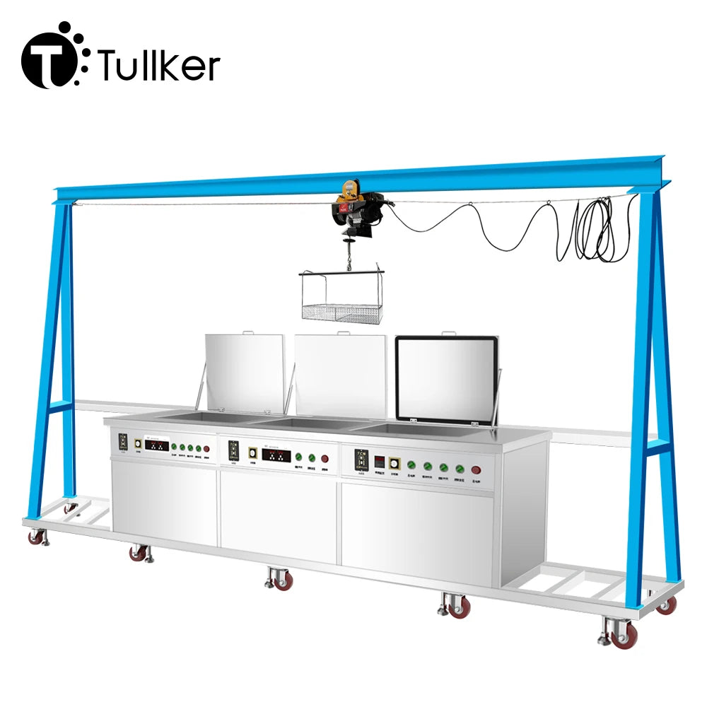 Tullker 360L Ultrasonic Cleaner Three Chamber Crane Electric Hoist Heavy Workpieces Engine Block Mold Oil Carbon Wax