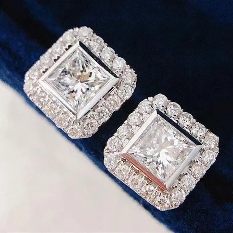 Huitan Manufacture Fashion Earrings 2026 Silver Plated Princess Cut Cubic Women Dazzling Imitate Moissanite Earrings Studs
