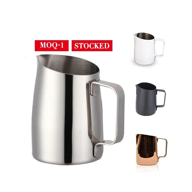 Oem Personalized Pouring Pro Distributed Oblique Espresso Coffee Latte Metal Stainless Steel Frother Frothing Pitcher Milk Jug