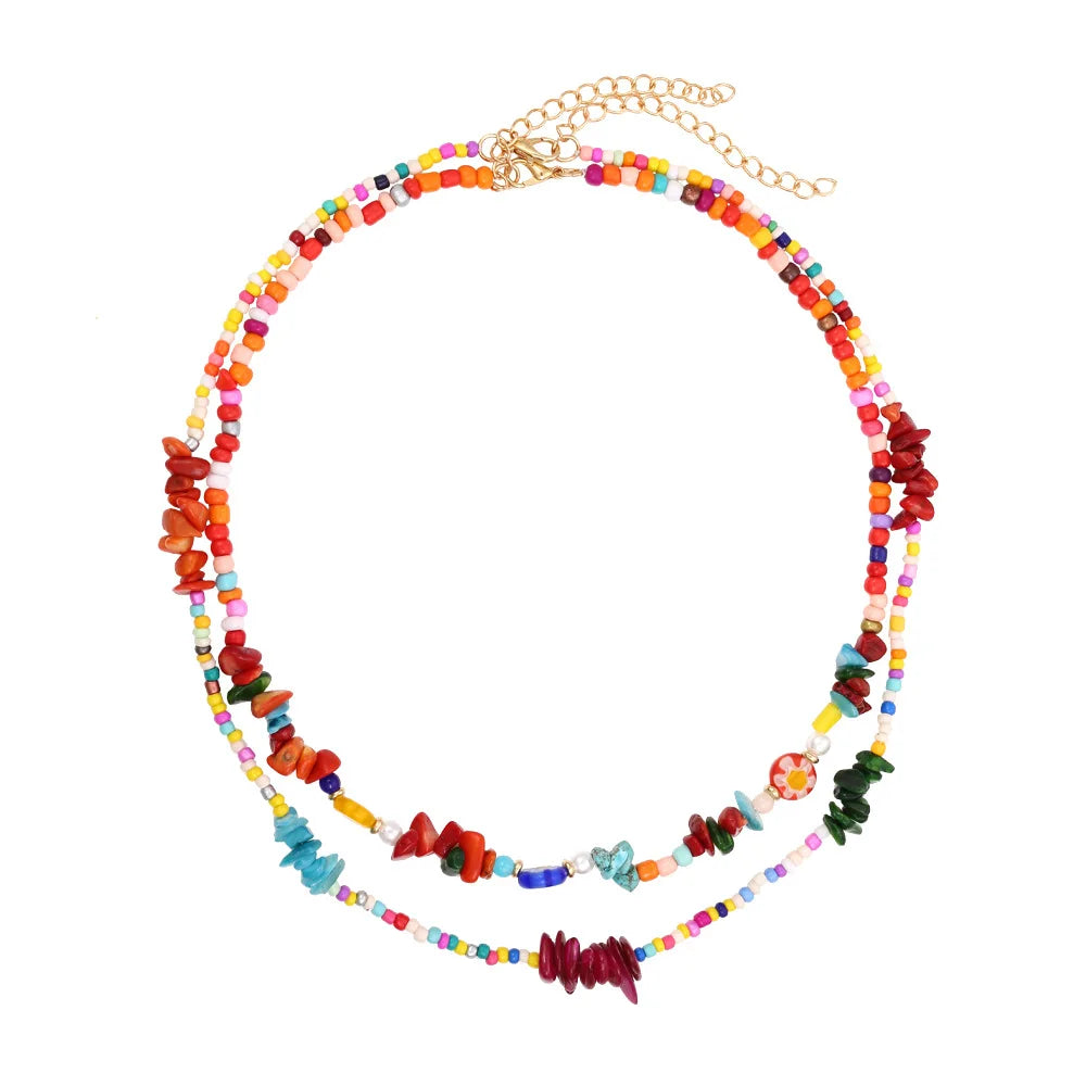 Handmade Colorful Bohemian Layers Glass Seed Beads Plastic Beads Stone Chips Beads Charm Multiple 2 Layered Necklace Jewelry
