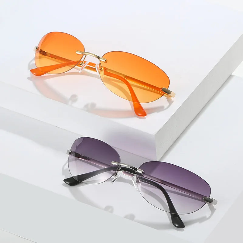 3592 Custom 90s Frameless Sunglasses Fashion Oval Tinted Lens White PC Material Small Narrow Rimless with Logo for Women Men