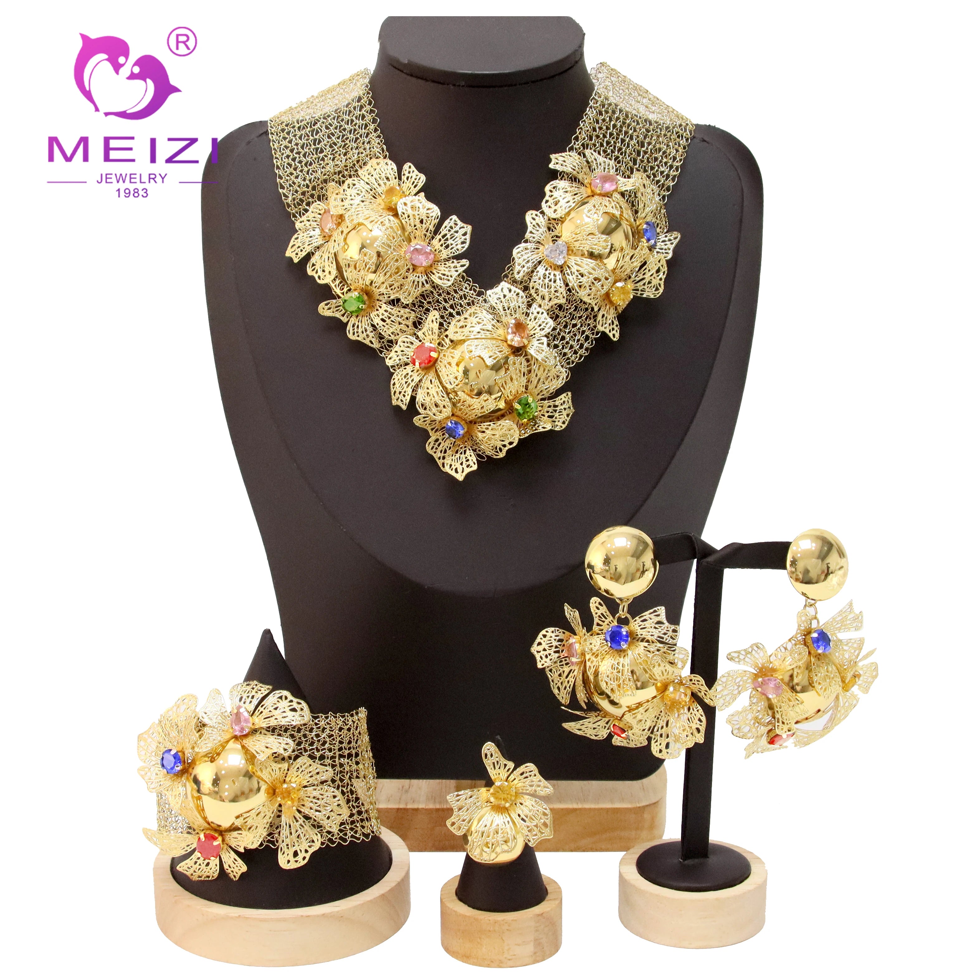 MEIZI JEWELRY Luxury Handmade Copper Jewelry Set for Ladies Gold Plated 24k Flower Design for Dubai Wedding and Parties