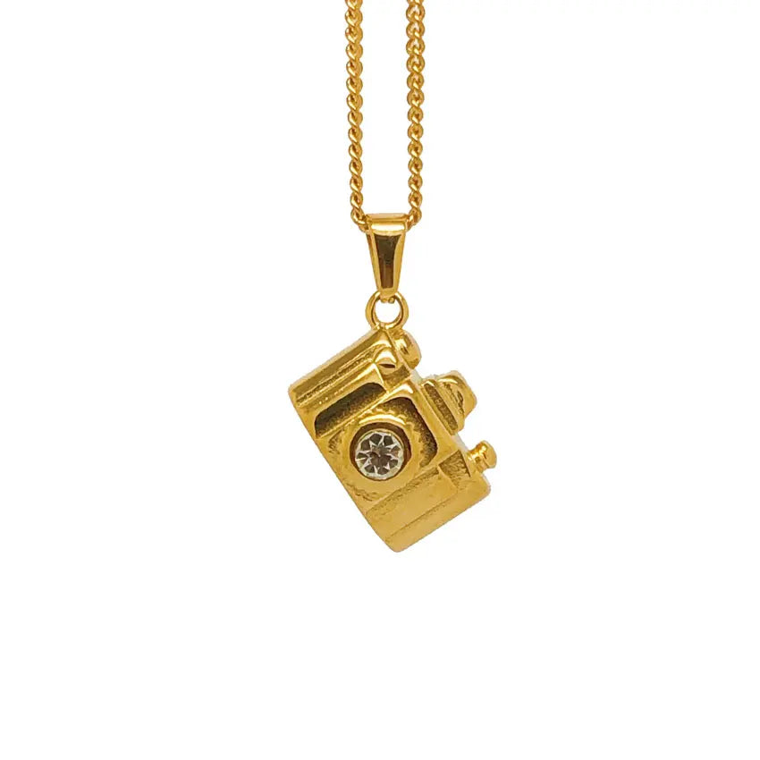 Travel Camera Locket Pendant Necklace Vintage Gold Plated Stainless Steel Camera Shaped Pendant Hiphops Zircon Camera Necklace
