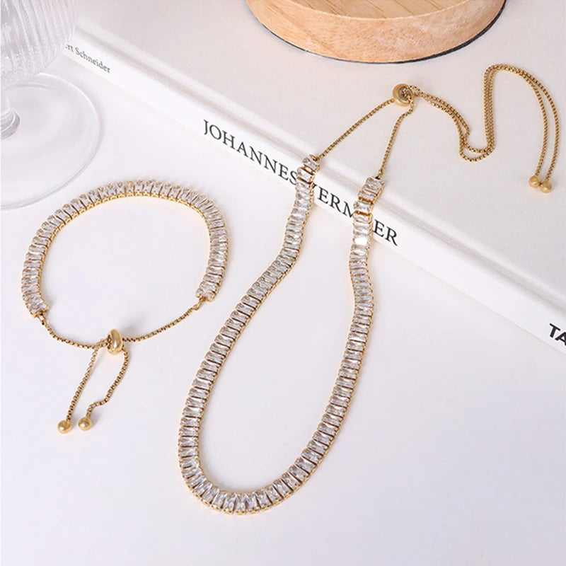 18k Gold Plated Stainless Steel Trendy Lab Grown Iced Out Baguette Stone Cluster Square Pulsera Diamond Tennis Chain Necklace
