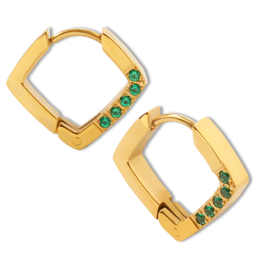 Dianty Diamond Shape Hoop Earrings Stainless Steel Green and Clear Zircons Earrings Hypoallergenic Small Gold Hoop Earrings