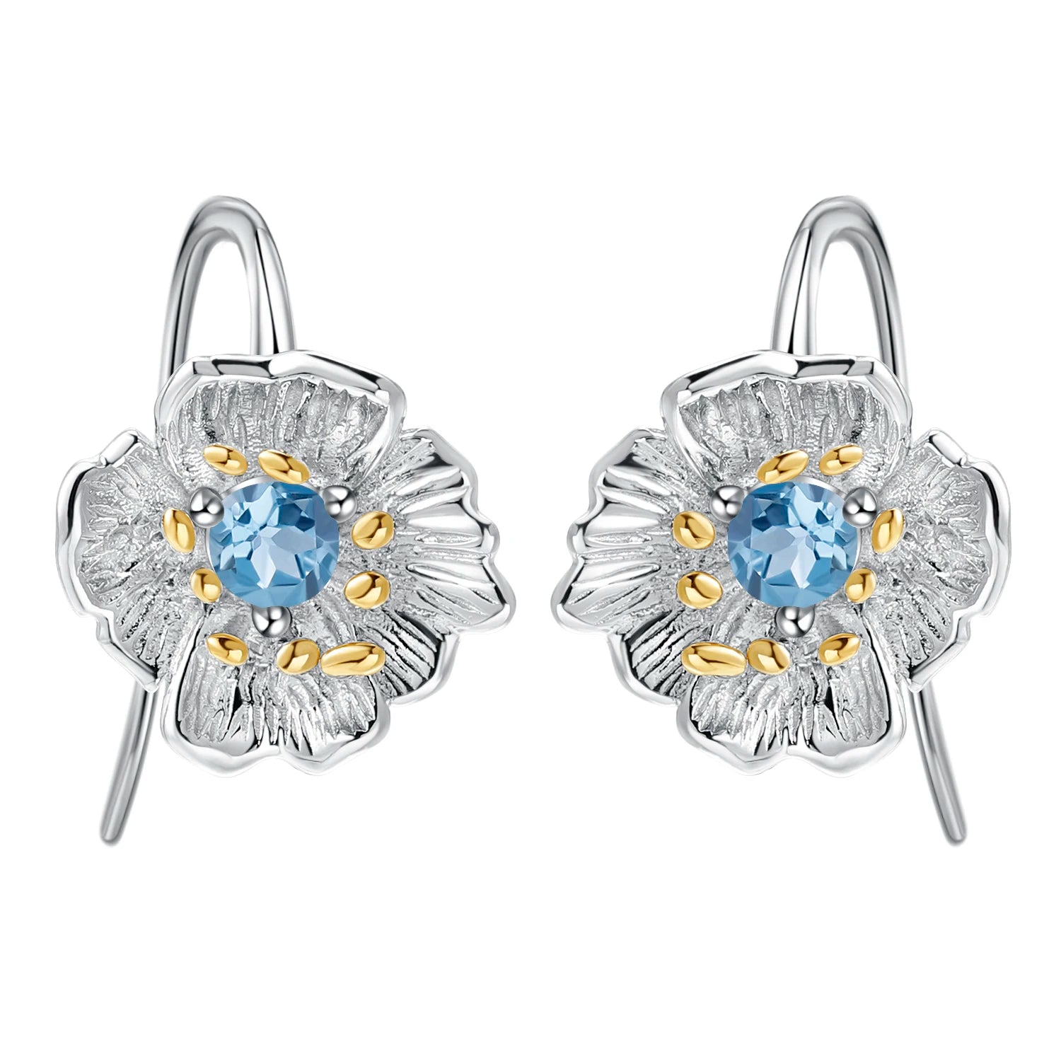 C7772 Abiding Natural Blue Topaz Poppies Flower Hooks Handmade 925 Sterling Silver Earring Jewelry for Women