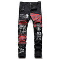 Autumn Winter Men's Eco-Friendly Moto Biker Skinny Patchwork Ripped Embroidered Stretch Trendy Holes Straight Denim Trouser
