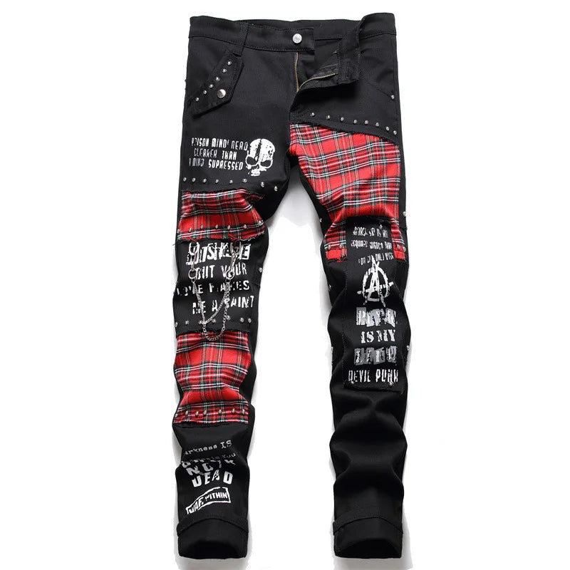 Autumn Winter Men's Eco-Friendly Moto Biker Skinny Patchwork Ripped Embroidered Stretch Trendy Holes Straight Denim Trouser