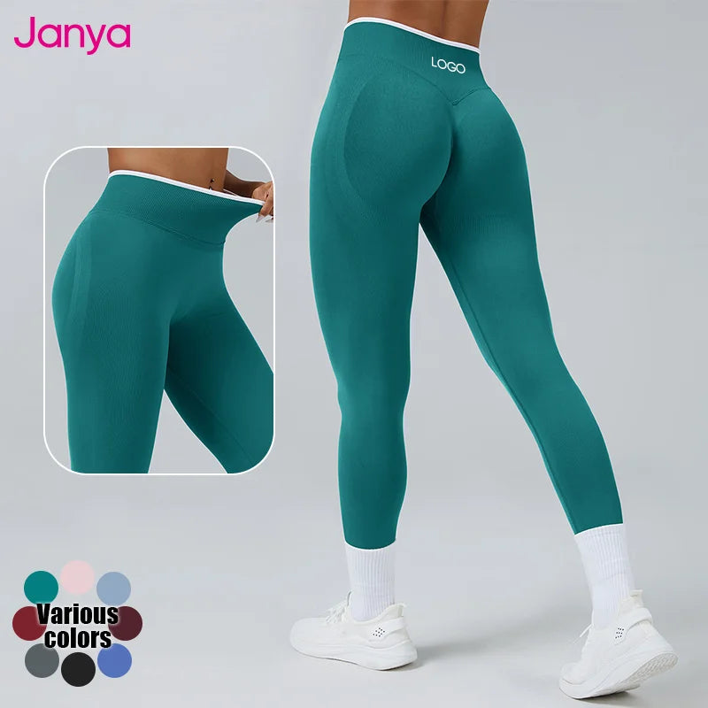 Janya XL Size High Waist Seamless Yoga Leggings Women Color Blocking Waistband Sports Gym Fitness Pants Scrunch Print Spandex