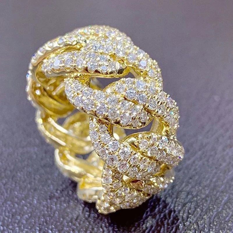 Huitan New Wholesale Hot Jewelry Weave Crystal Zircon Hip Hop Iced Out 18K Gold Plated Mens Diamond Ring