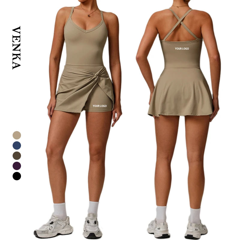 Custom Logo Women's Quick Dry Spandex/Polyester Tennis Skirt Golf Dress Chest Pads Fitness Clothing Crisscross Straps Sports