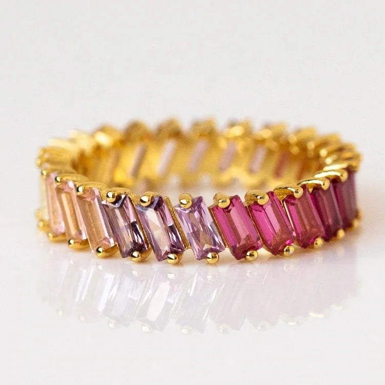 LOZRUNVE 925 Sterling Silver Fashion Colorful Rainbow Baguette Eternity Ring Gold Jewelry