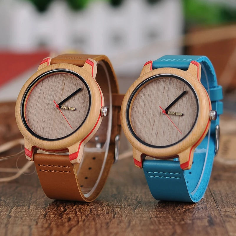 China Wholesale Unisex Leather Band Wrist Watch Bamboo Gift Display Box Men/Women's Custom Engraved Quartz Fashion Accessory
