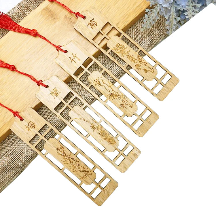 Custom Printed Bamboo Bookmark Laser Cut with Plum Blossom Orchid Chrysanthemum Eco-Friendly Design Carved with Love Style
