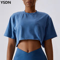 Factory Custom Logo 2pcs Short Sleeve Yoga Crop Top Oversized T-shirt Active Wear Athletic Gym Fitness Women