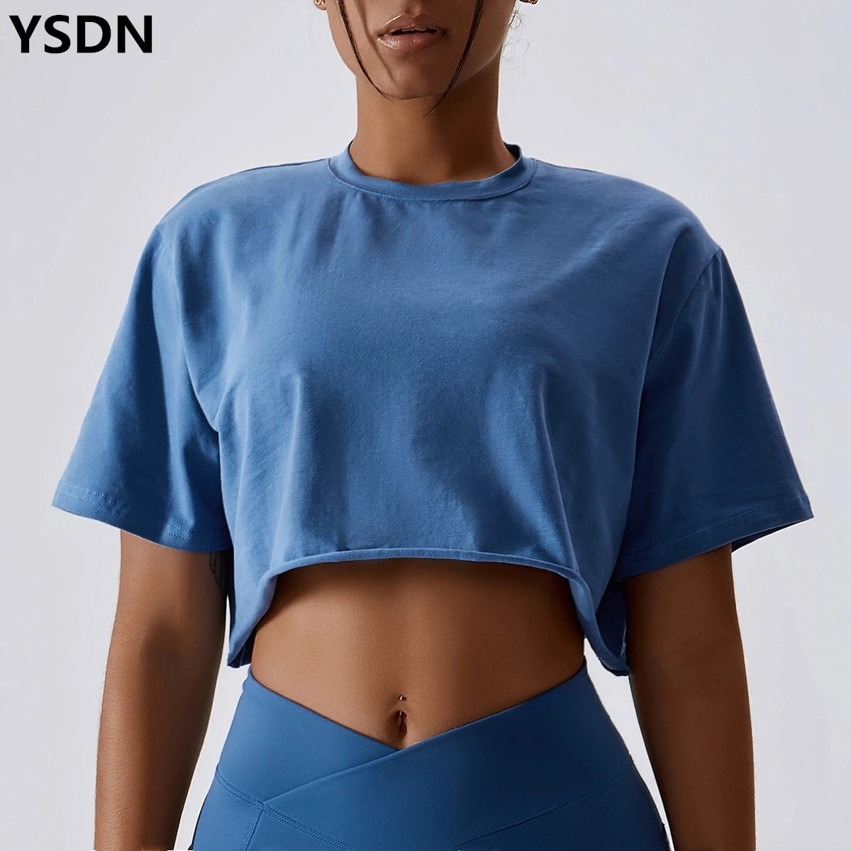 Factory Custom Logo 2pcs Short Sleeve Yoga Crop Top Oversized T-shirt Active Wear Athletic Gym Fitness Women