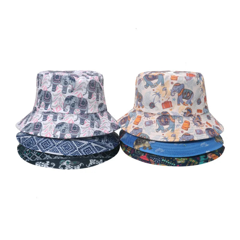 Landfond Summer Ethnic Style Retro Fashion Bucket Hat Cute Elephant Animal Printing Bucket Hat
