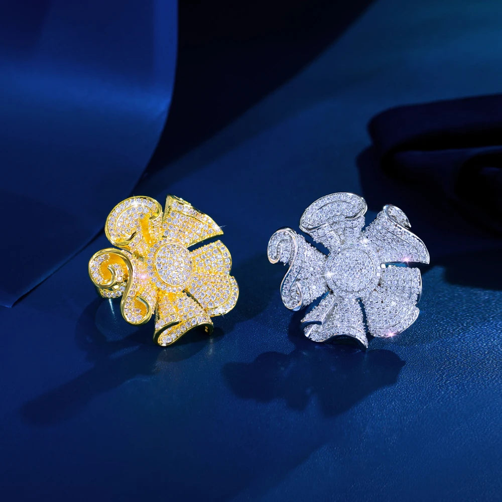 Luxury Jewelry Cubic Zirconia White Gold Plated Statement Super Big Flower Ring for Women Wedding Engagement Prom Accessory