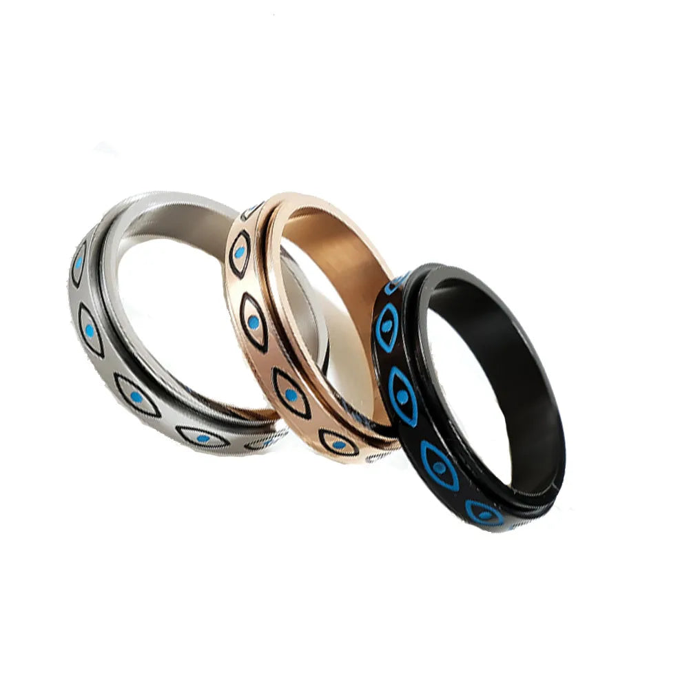 Waterproof Stainless Steel Trendy Men Women Evil Eyes Charm Rotatable Anxiety Relief Gold Plated 18k Charm Ring Jewelry