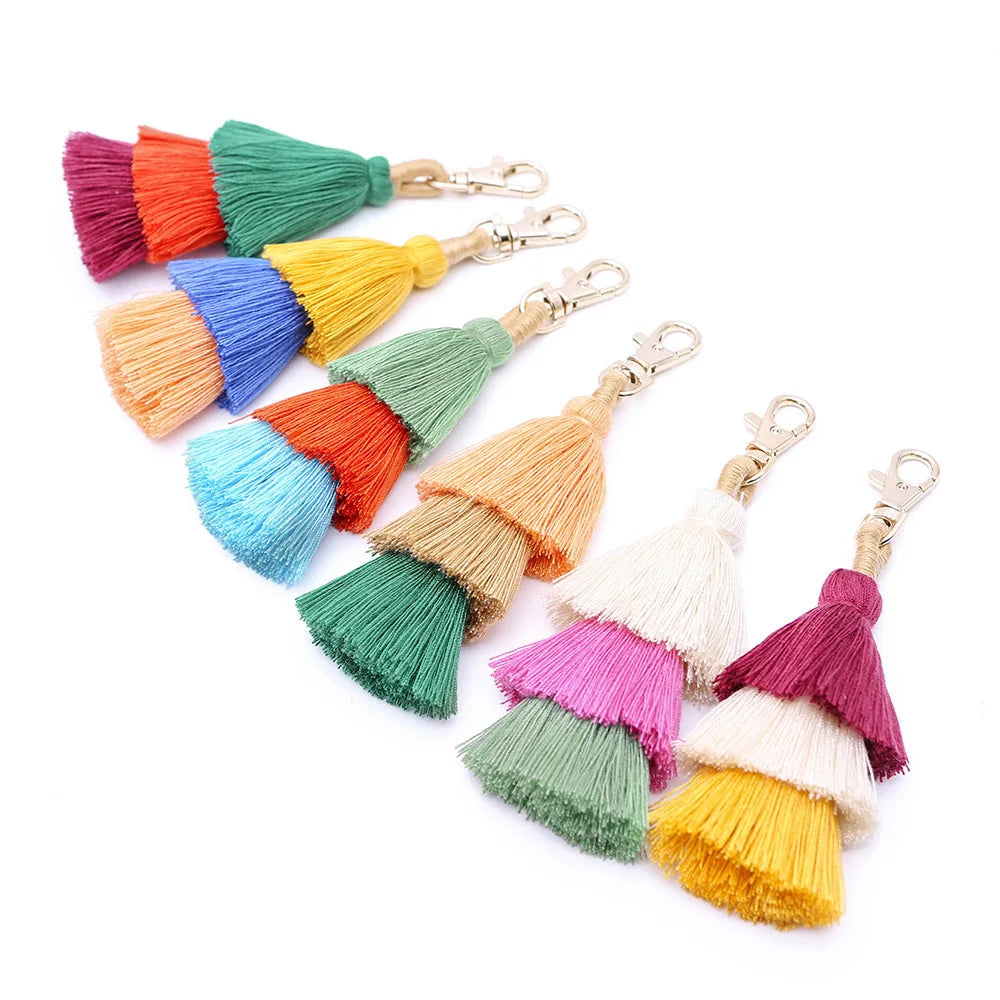 Portachiavi Handmade Braid Tassel Pom Pom Keychain Women Layered Colorful Ball Tassel Bag Charm Boho Rainbow Keychain