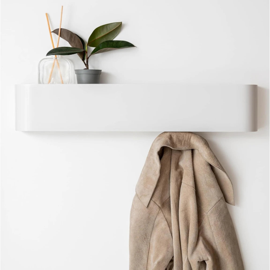 Wall-Mounted Coat Rack with 9 Hooks Modern Design Coat Rack with Hidden Wall Hooks Solid Wood Veneer Panel Coat Hanger White