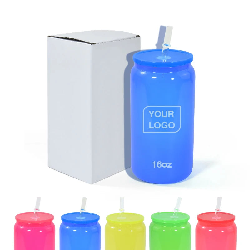 16oz Clear Glass Can Bright Color Series Sublimation Blanks Glass Beer Can With Colorful Lid and Straws