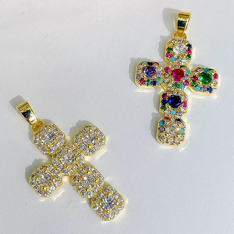 Wholesale Diy Punk Jewelry Copper Gold Plated Colored Zirconia Accessories Exaggerated Hip Hop Cross Necklace Pendant