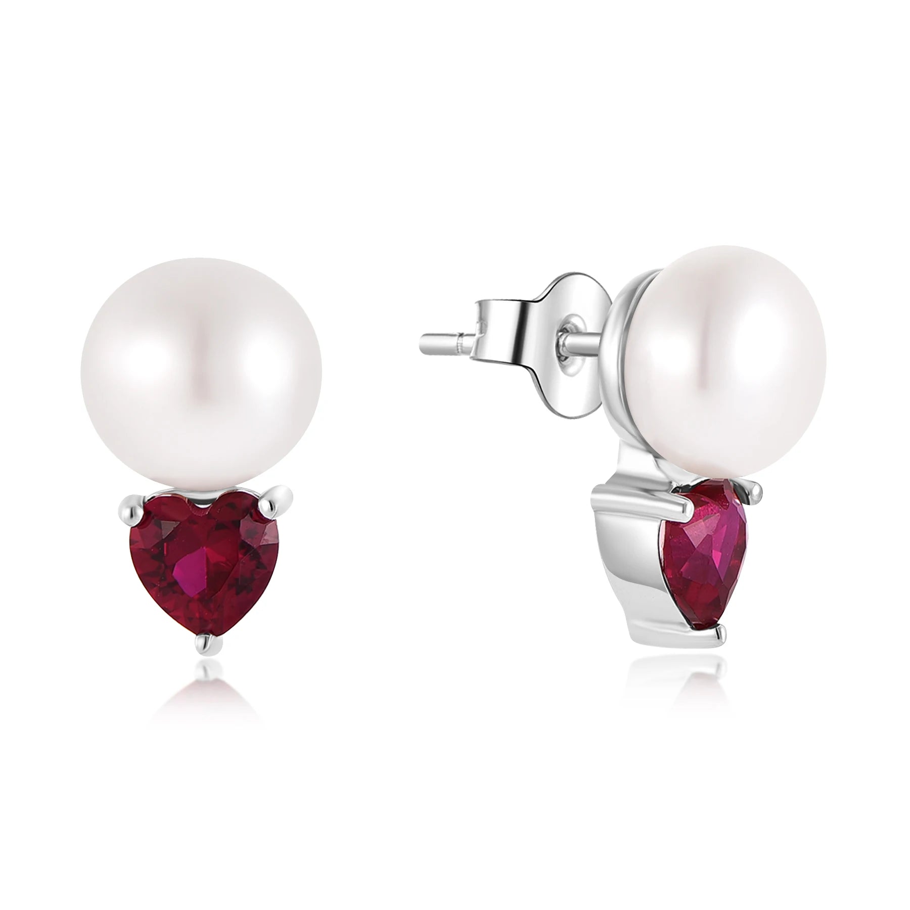 QX CUSTOM OEM Red Heart Zircon Pearl Fine Jewelry Luxury 925 Sterling Silver Rhodium Plated Drop Stud Earring for Women