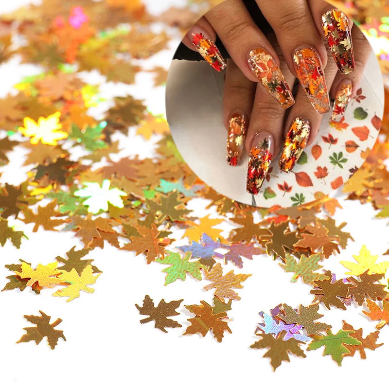 Newest Designer Nail Charms Fall Laser Maple Leaf Glitter 6mm Nail Decoration 3d Christmas Nail Charms