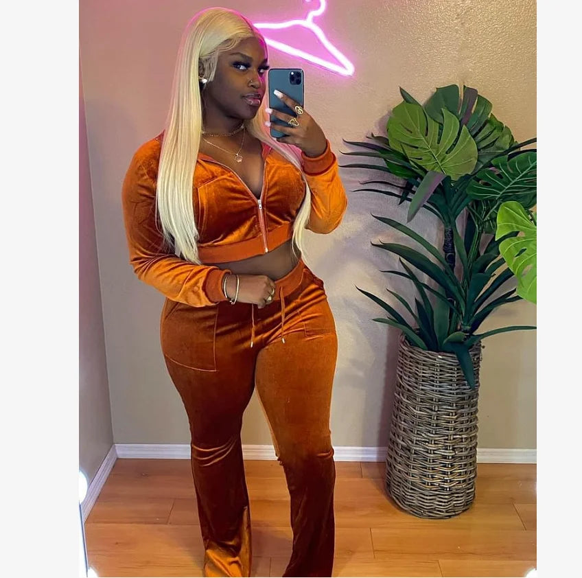 Xs Women Clothing Fall Jogger Set and Bottom Flare Pants Velour Tracksuit Velvet 2 Two Piece Set