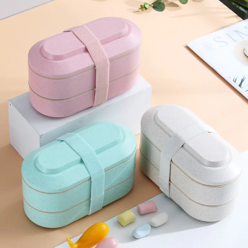 Wheat Straw Biodegradable 2 Layer Food Bento Lunch Box with Spoon and Fork