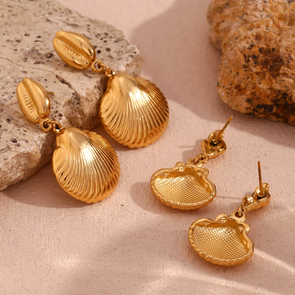 INS Style Personality Light Luxury Stainless Steel Gold Plated Large Scallop Patchwork Women Earrings