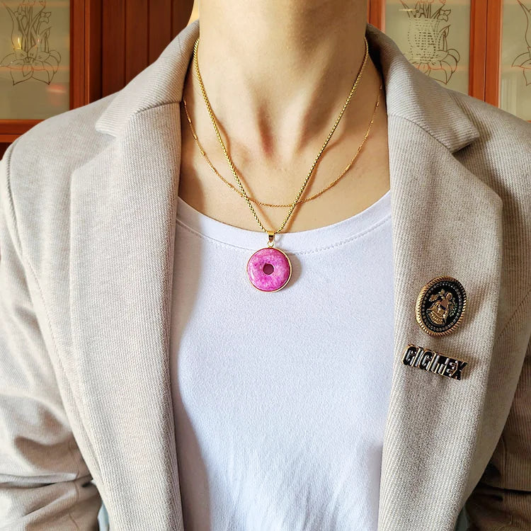 NN1145 Waterproof Gold Plated Stainless Steel Chain Green Fuchsia Jade Stone Donut Pendant Necklace for Women