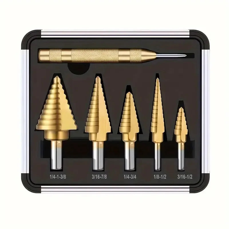 6pcs 5pcs HSS Sizes 5 Step Drill Bits Set 1pc Automatic Spring Loaded Center Punch Circle Hole Cutter X-Shaped OEM