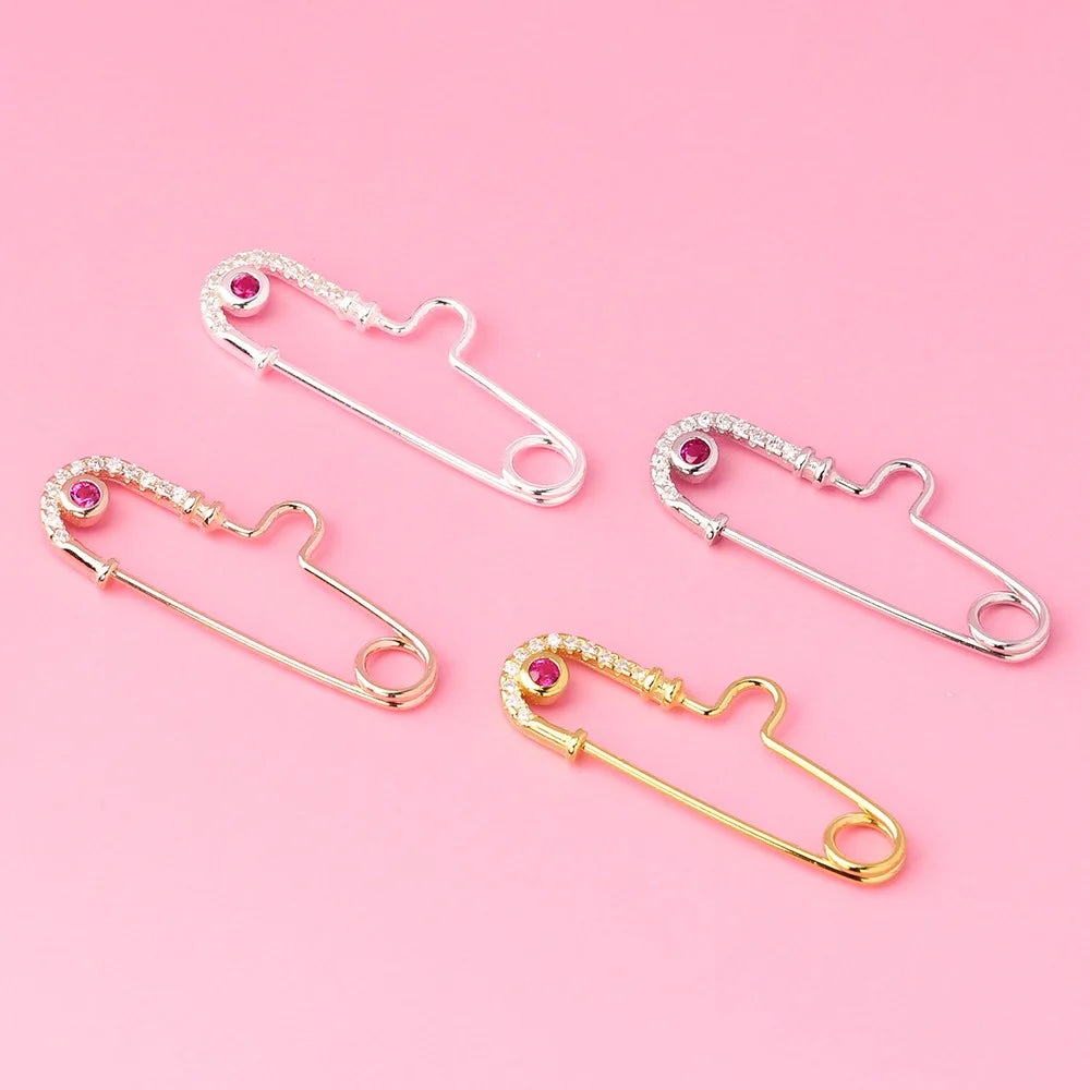 Shiny Brooch Pin Back 925 Sterling Silver CZ Gem Safety Pin for Jewelry Making Finding