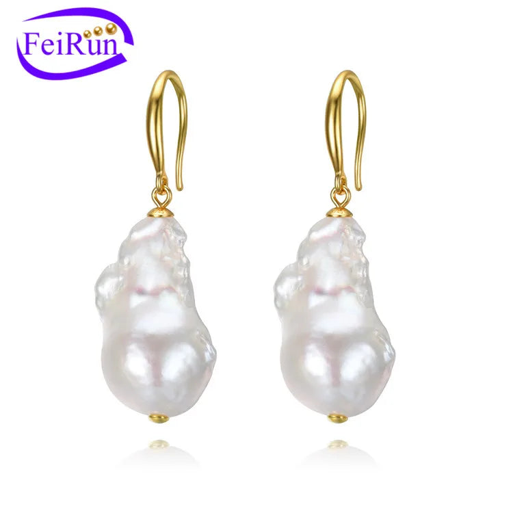 FEIRUN Big Nature Baroque 15*20mm AA or AA+ Freshwater Pearl Earrings
