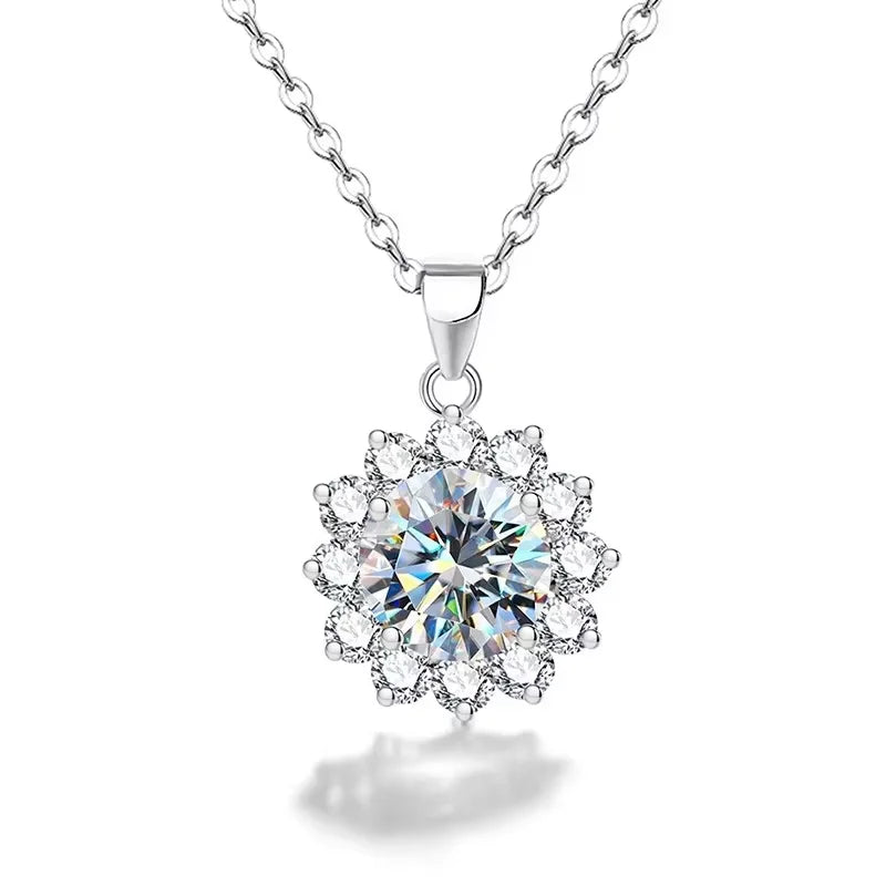Luxury Wedding Diamond Jewelry Sun Flower Shape 1-5CT Diamond Necklace for Woman 925 Sterling Silver Chain for Women