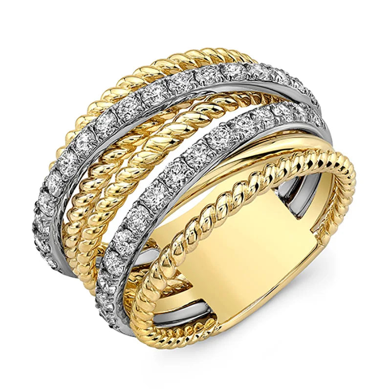 Huitan New Trends 2025 Multi Layer Rings Weave Lines Lady Girls Exquisite White Shiny Zircon Gold Fashion Trendy Stackable Rings