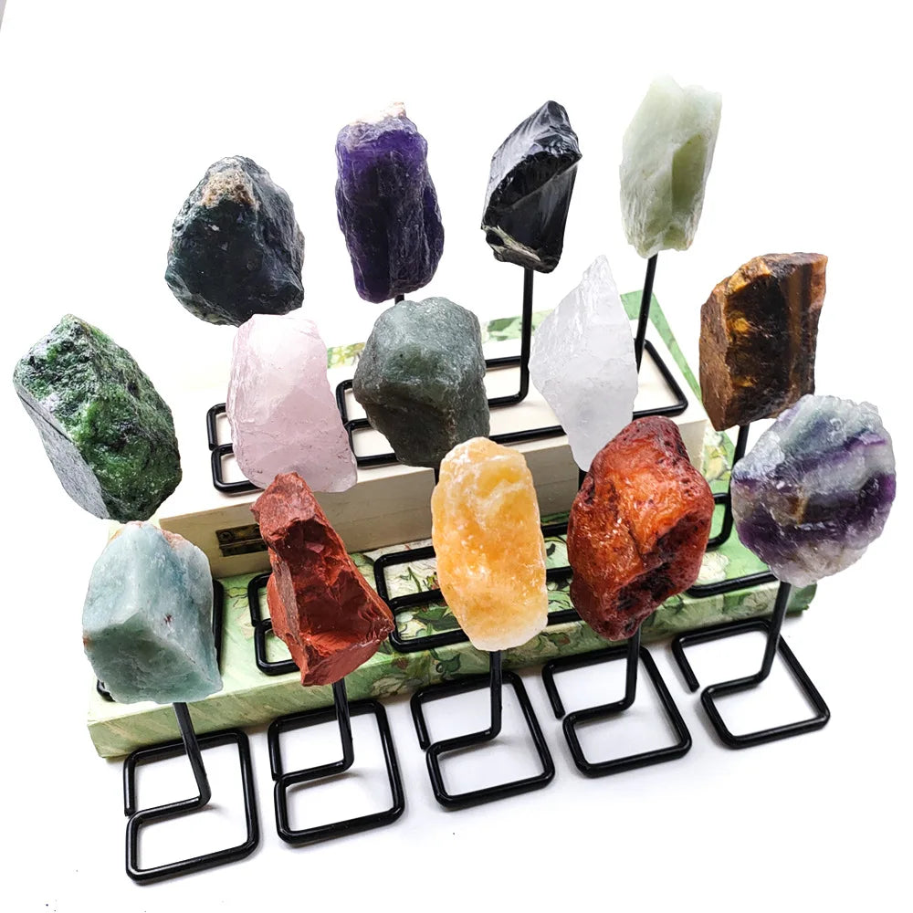 Natural Rough Fluorite Crystal Raw Loose Gemstone Quartz Rock Specimen on Metal Stand Ornament Home Decor for Feng Shui Reiki