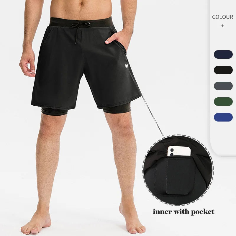 SHINBENE Double Layer Men's Gym Workout Shorts Quick Dry Polyester Training Running Shorts With Pockets