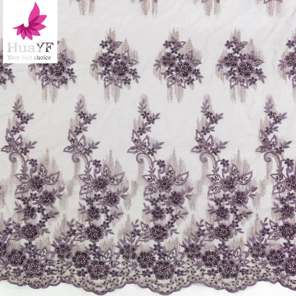 2021 Purple Sequin and Beaded Tulle Fabric Embroidered Beaded Lace Fabric Bridal Embroidered Tulle Lace HY1314-2