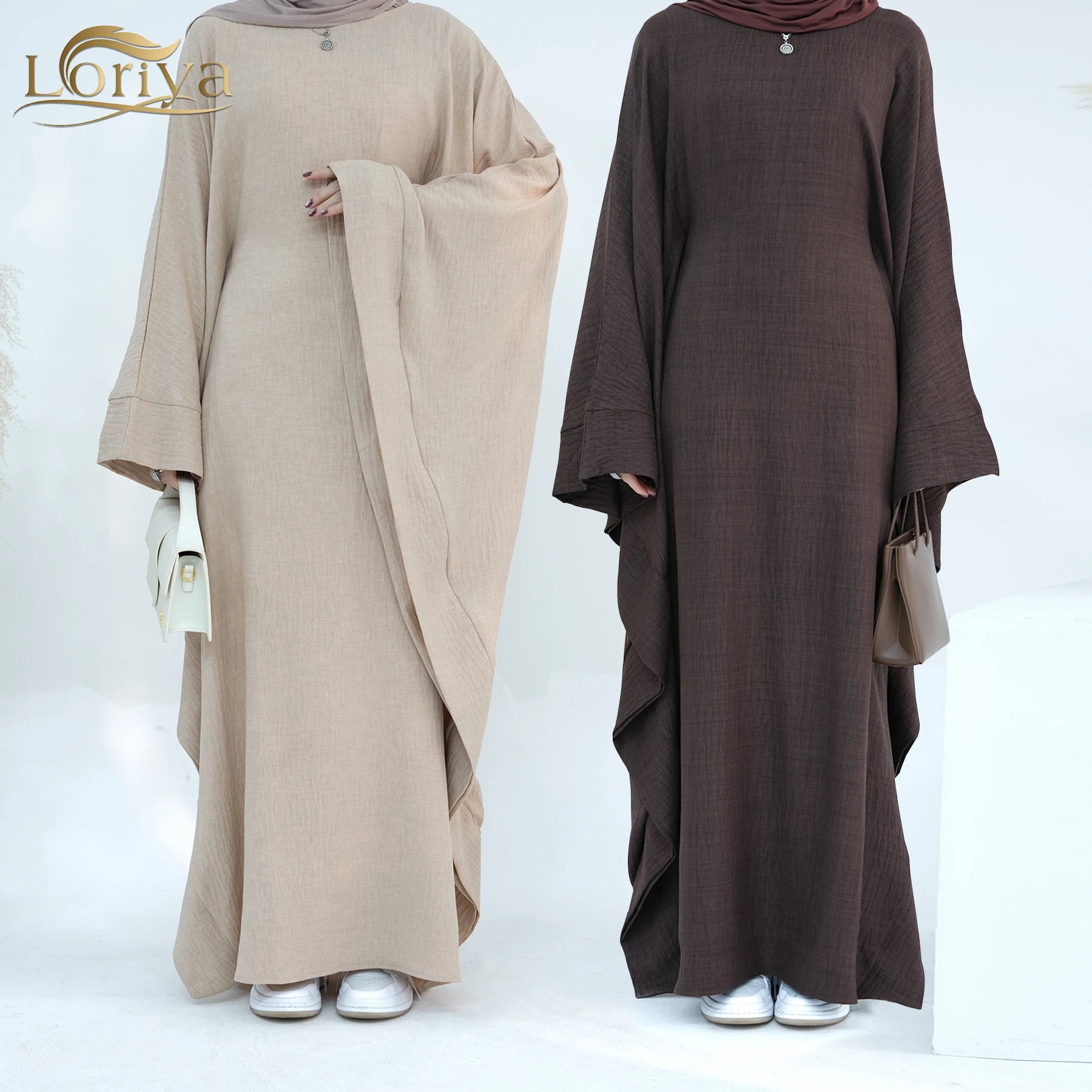Loriya 2024 EID New Waisted Batwing Sleeve Kaftan Abaya Crepe Women Muslim Dress Prayer Butterfly Modest Abaya Islamic Clothing